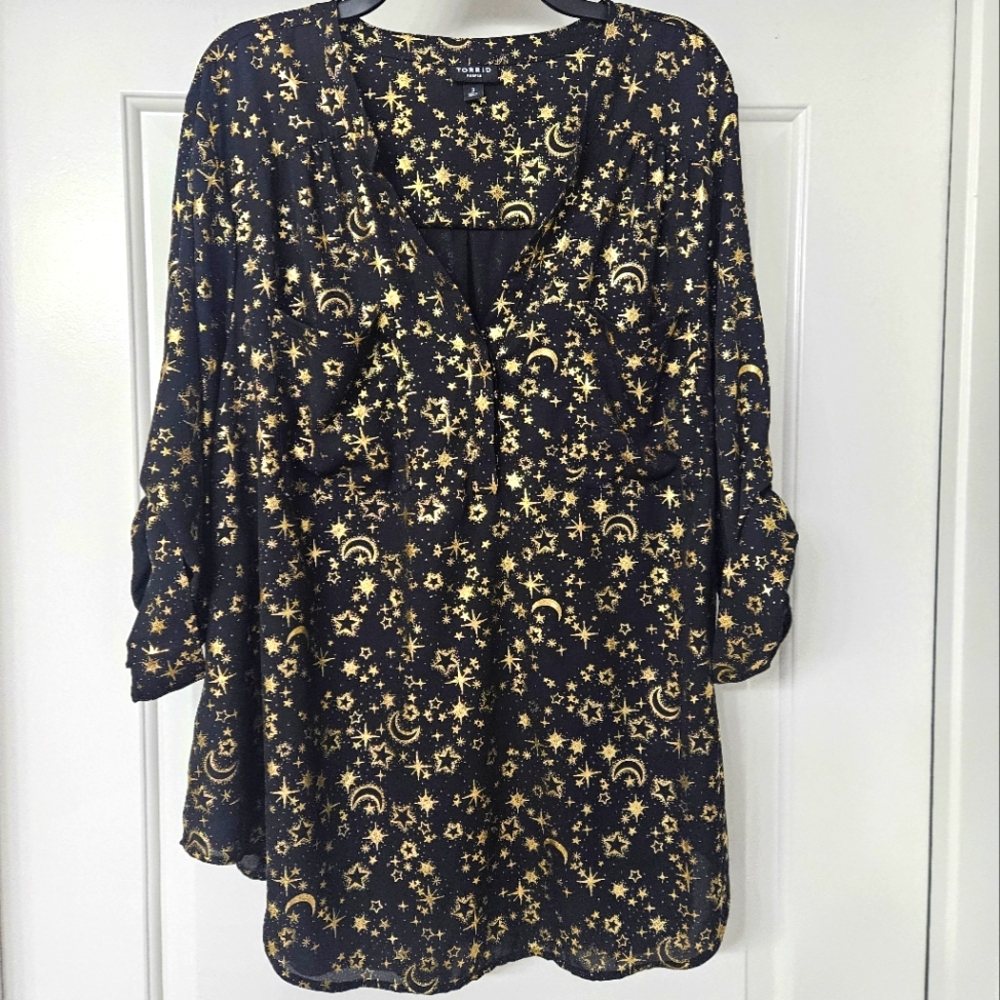 Black and Shiny Gold Star and Moon Harper Blouse TORRID 3